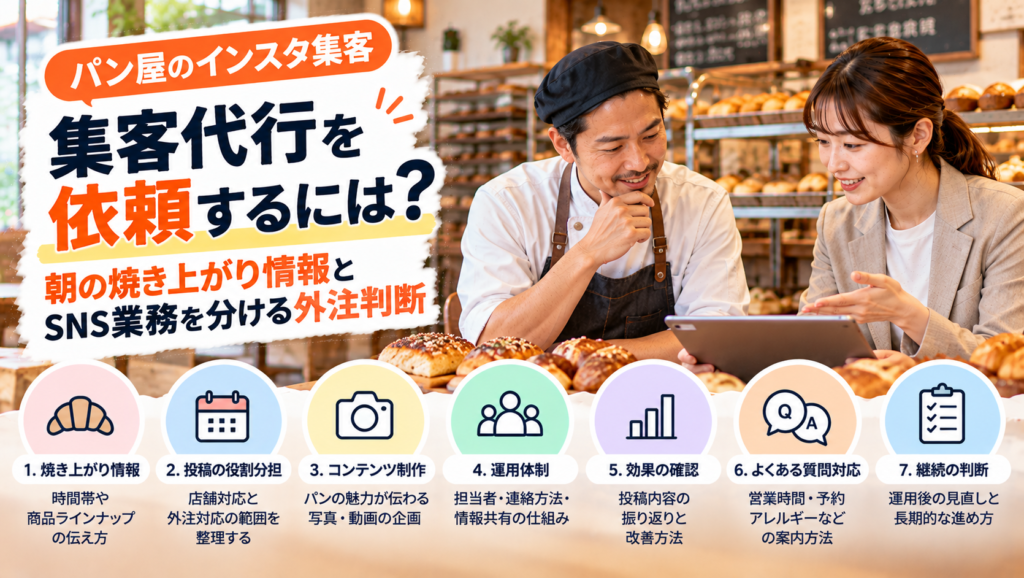 埼玉のインスタ集客代行|パン屋の焼き上がり情報とSNS業務の外注判断基準 埼玉のインスタ集客代行をテーマに、パン屋の店内で調理服姿の男性とジャケット姿の女性がタブレットを見ながら相談する様子。焼きたてのパンを背景に、焼き上がり情報・投稿の役割分担・コンテンツ制作・運用体制・効果確認など7つの判断項目を図解している。