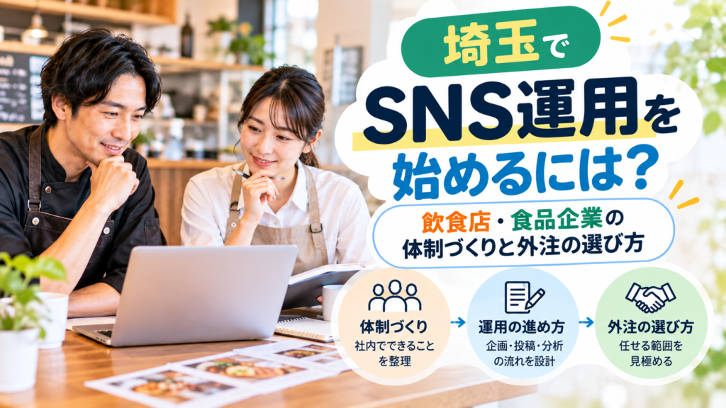 埼玉の飲食店で男女がパソコンや資料を見ながら、SNS運用の体制づくり、企画・投稿・分析、外注の選び方を検討している様子