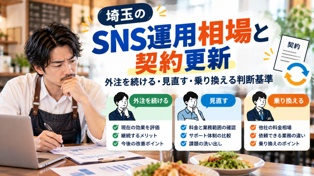 埼玉のSNS運用相場と契約更新をテーマに、飲食店内でグラフ資料を確認するエプロン姿の男性を配置。契約書と更新を示す矢印のアイコン、外注継続・契約見直し・他社への乗り換えの3つの判断基準を比較している。