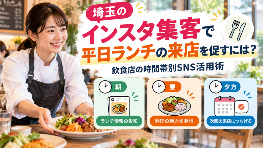 埼玉のインスタ集客方法|飲食店の平日ランチ集客と時間帯別SNS投稿のポイント 埼玉のインスタ集客をテーマに、飲食店のエプロン姿の女性スタッフが彩り豊かなランチを提供する様子。朝のランチ情報告知、昼の料理紹介、夕方の次回来店につなげる発信を時計やアイコンで示している。