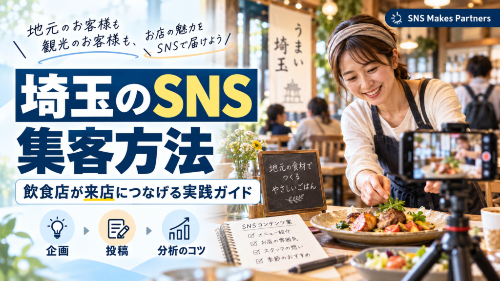 埼玉の飲食店向けSNS集客方法|料理撮影・投稿企画・分析の実践ガイド 埼玉のSNS集客方法をテーマに、飲食店の女性スタッフが料理を盛り付ける様子と、スマートフォンでの撮影風景を配置。SNS Makes Partnersのロゴと、投稿企画・投稿・分析の流れを示している。