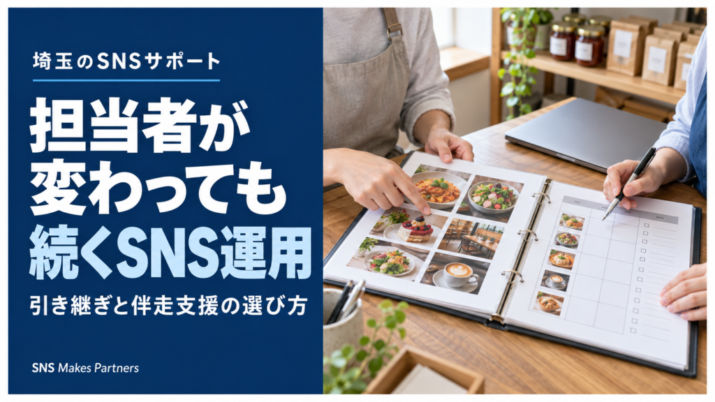 エプロン姿の二人が、料理写真とチェック欄付きの表を収めたバインダーを指やペンで確認する手元。「埼玉のSNSサポート」「担当者が変わっても続くSNS運用」の見出し。