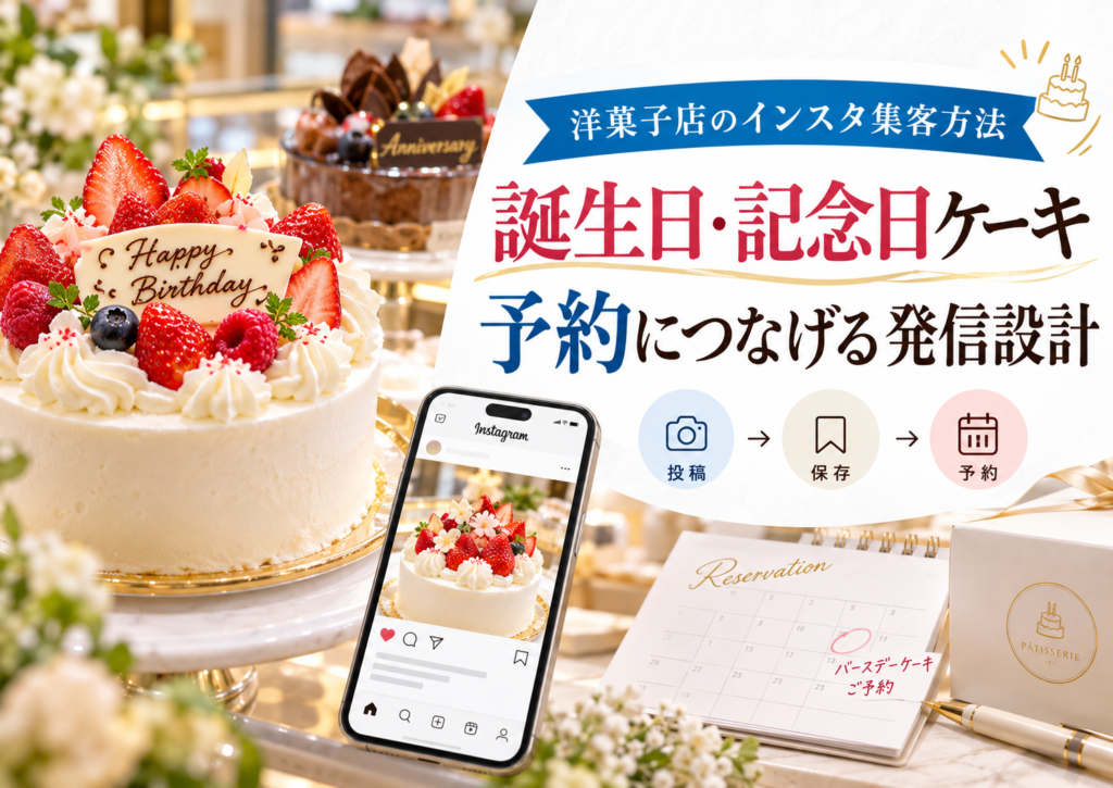 埼玉のインスタ集客方法をテーマに、苺や生クリームで飾られた誕生日ケーキとInstagramの投稿画面、予約日を記したカレンダーを配置。洋菓子店が記念日ケーキの魅力を伝え、投稿・保存・事前予約へつなげる流れを示している。