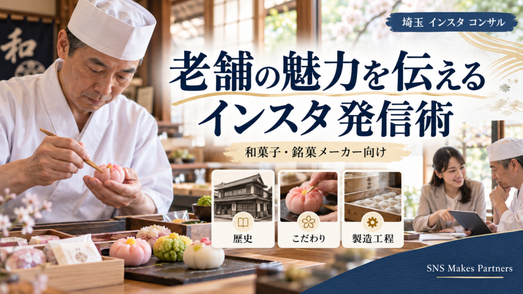 埼玉のインスタコンサル|老舗和菓子・銘菓メーカーの歴史と製造工程を伝える発信術 埼玉のインスタコンサルをテーマに、和菓子職人が練り切りを丁寧に仕上げる様子と色鮮やかな和菓子を配置。老舗の店舗外観、職人のこだわり、製造工程、タブレットを使った相談風景を通してブランド発信の要素を示している。