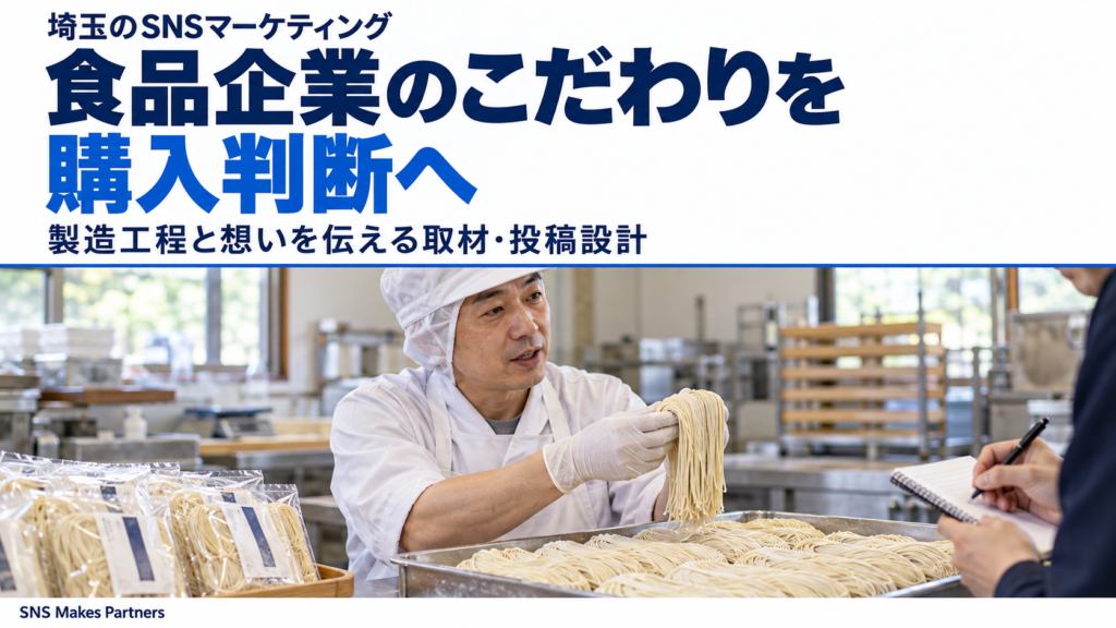 埼玉のSNSマーケティングで食品企業のこだわりを伝える製麺の取材場面 白い作業着と帽子、手袋を着けた人物が麺を持って説明し、相手がノートに記録する様子。手前に袋入りの麺が並び、埼玉のSNSマーケティングと食品企業のこだわりを伝える見出し。