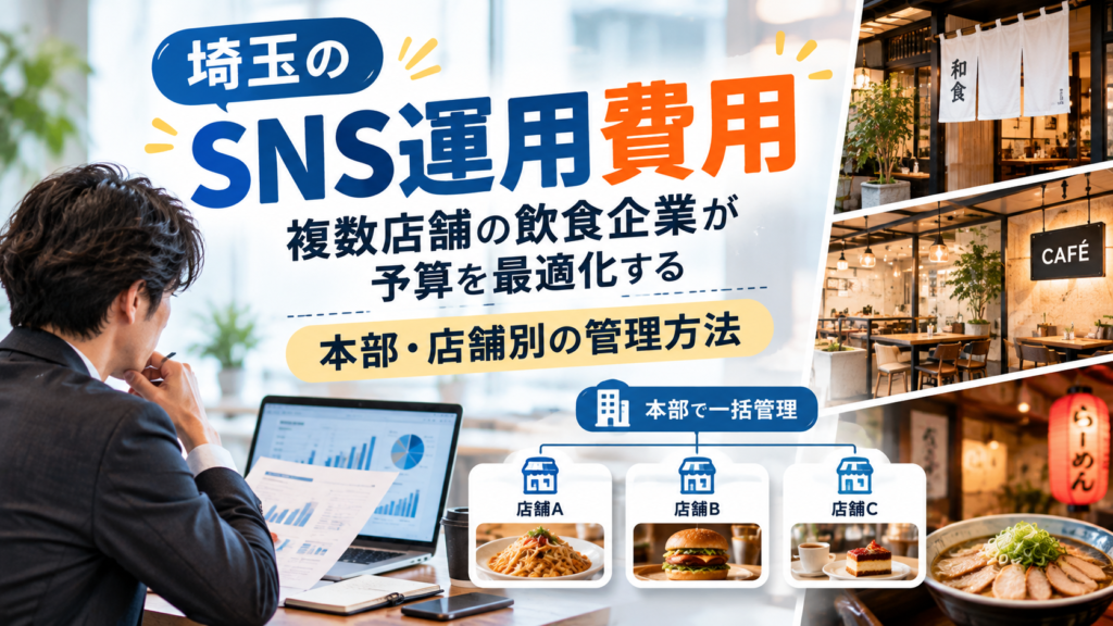 埼玉のSNS運用費用と予算最適化|複数店舗の飲食企業における本部・店舗別管理 埼玉のSNS運用費用をテーマに、ノートパソコンのグラフと資料を確認するスーツ姿の男性を配置。和食店・カフェ・ラーメン店の外観や料理とともに、本部による一括管理と店舗A・B・Cの運用体制を図解している。