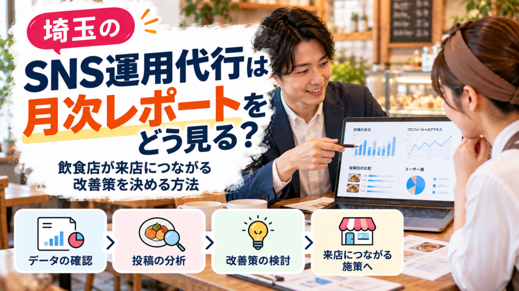 埼玉のインスタ運用代行|飲食店の月次レポート分析と来店につながる改善策 埼玉のSNS運用代行をテーマに、飲食店内でスーツ姿の男性が女性スタッフにノートパソコンの分析グラフを説明する様子。投稿の反応・プロフィールへのアクセス・投稿別の比較と、データ確認から来店施策までの流れを示している。