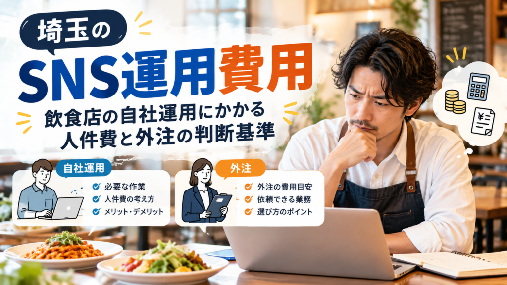 埼玉のSNS運用費用比較|飲食店の自社運用に必要な人件費と外注判断のポイント 埼玉のSNS運用費用をテーマに、飲食店内でノートパソコンを見ながら考えるエプロン姿の男性と料理を配置。自社運用に必要な作業や人件費、外注費用の目安、依頼できる業務、選び方のポイントを比較している。