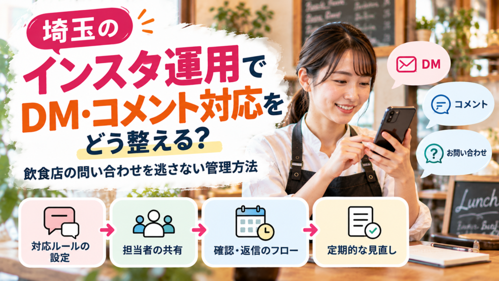 埼玉のインスタ運用をテーマに、飲食店内でエプロン姿の女性スタッフがスマートフォンを確認する様子。DM・コメント・問い合わせの吹き出しと、対応ルールの設定、担当者の共有、確認・返信の流れ、定期的な見直しを図解している。